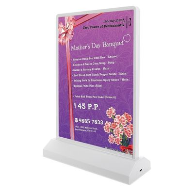 A4/A5 Rechargeable Acrylic Led Table Menu Display Holder con temperatura di colore di 8000K